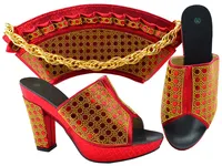 Gorgeous Red Color Handbag With Gold Rhinestone Design African Women Shoes Matching bag Set For Dress MM1069