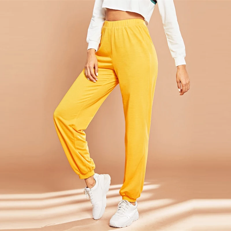 SHEIN Спортивные Брюки С Эластичной Талией Женские Желтые Повседневные Брюки С Высокой Талией