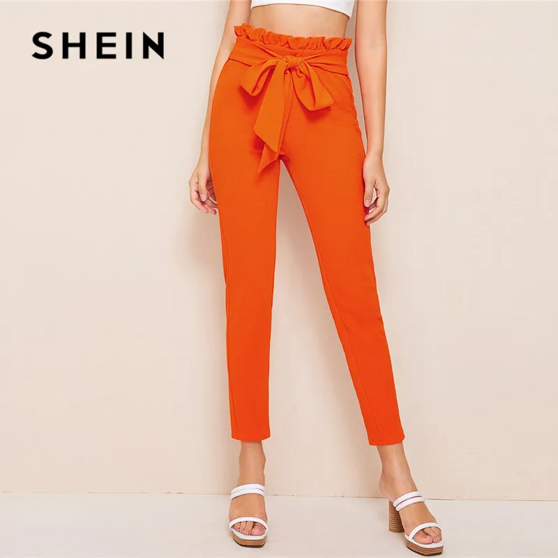 SHEIN элегантные женские брюки с высокой талией и поясом, женские обтягивающие брюки с оборкой и эластичной резинкой на талии, весенне-летние брюки