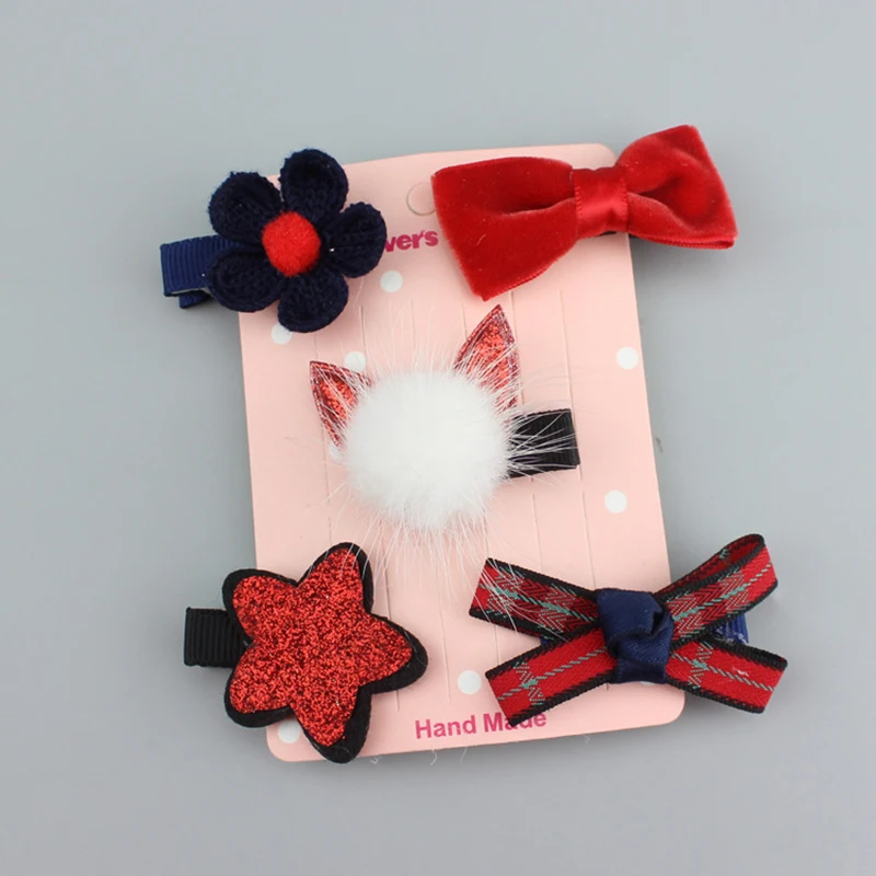 Розовые Мультяшные зажимы для волос 5 шт./компл. цветы Шпилька бант помпоны детей