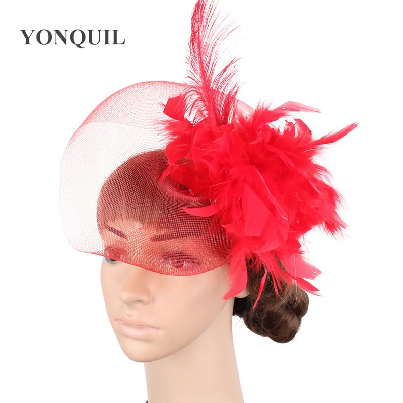 

Red Wedding Fascinator Hair Clips Feater Mesh Bridal Headdress Race Ladies Elegant Wedding Party Tea Hair Accessories SYF474