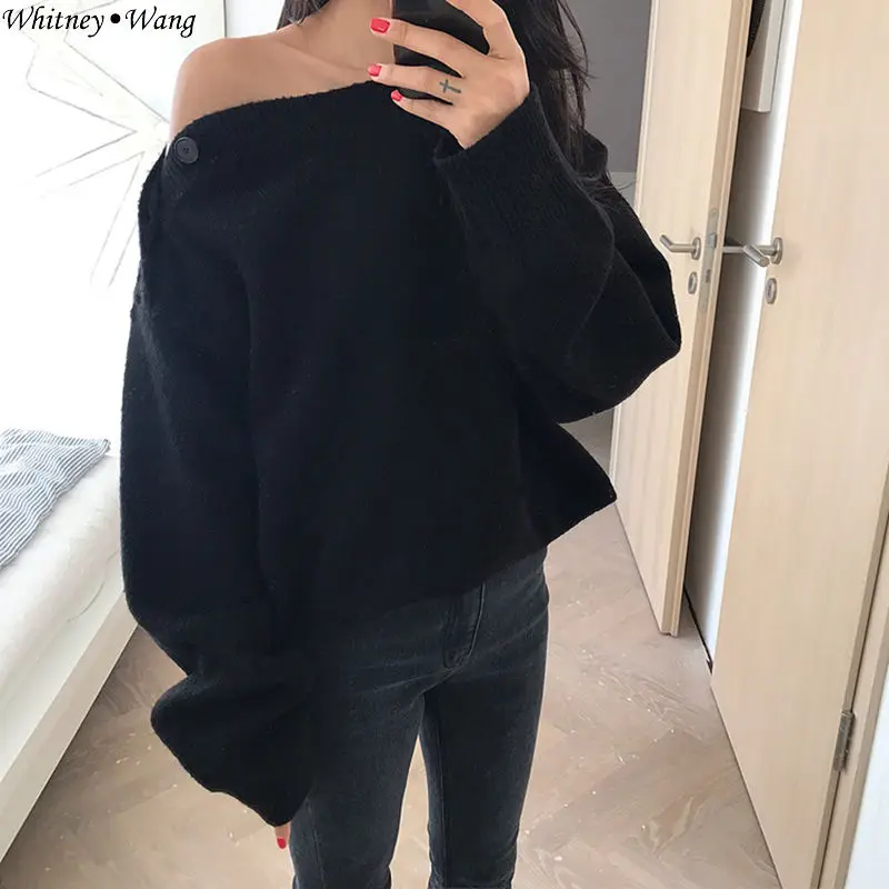 WHITNEY WANG 2018 осенне-зимний модный сексуальный свитер с асимметричными пуговицами