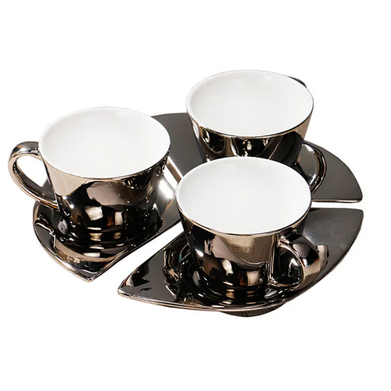 

High Grade Silver Plating Ceramic Coffee Cup Set Creative Europe Style Brief Healthy Coffee Set Tea Cup Three Set Free Shipping