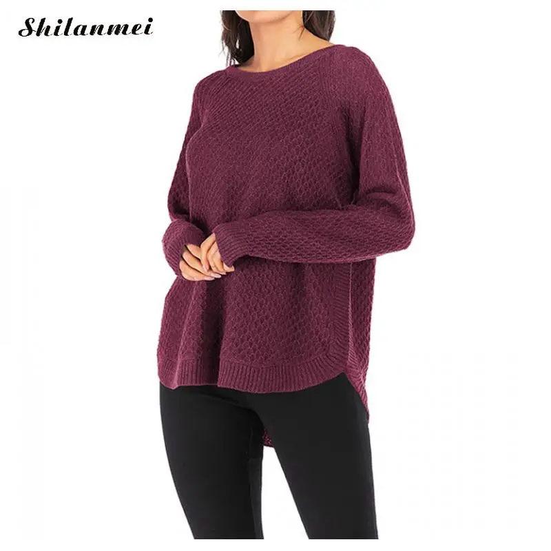 Повседневный Однотонный женский трикотажный свитер необычный Свободный