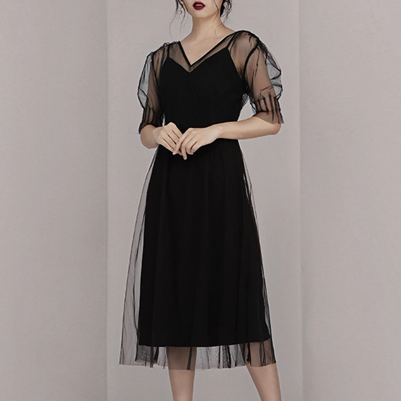 INDRESSME 2019 New Sexy Lace Mesh V Neckline A Line Little Black Dress Midi Party Vestidos Women Outfit | Женская одежда