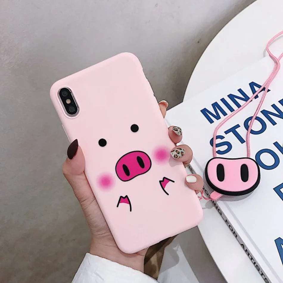Fashion Cartoon Lovely Pig Phone Case For iPhone 7 8 6 6s Plus XS MAX XR X Cute Nose Lanyard Soft TPU Cover Coque Fonda |