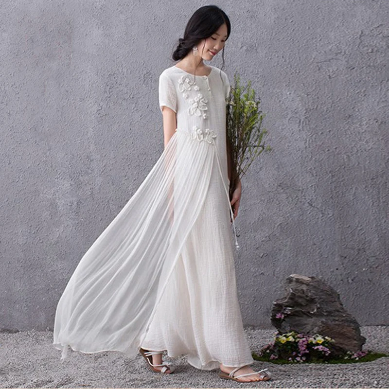 Женское длинное платье с вышивкой винтажное льняное хлопковое большого размера
