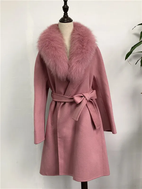 pink Женский Тренч с натуральным лисьим мехом и воротником, Свободный кардиган, большие размеры, Mujer, отложной воротник - Цвет: pink
