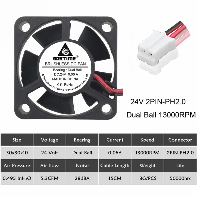 24V Ball PH2.0 2 шт. Gdstime двойной шариковый подшипник постоянного тока 24 В 12 В 5 в 3 см 30 мм 30x30x10 мм 3010 Бесщеточный Мини кулер охлаждающий вентилятор - Цвет лезвия: 24V Ball PH2.0