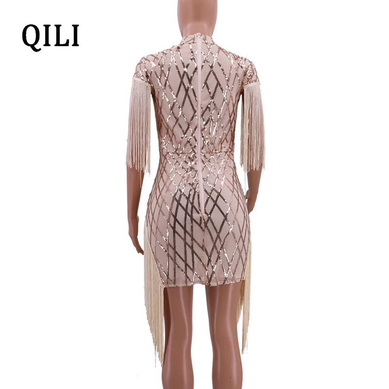 QILI 2019 новое платье с блестками и бахромой красные черные Хаки сетчатые Лоскутные