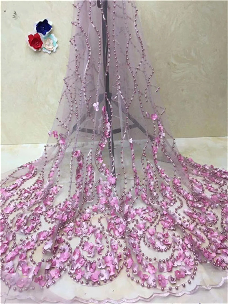 

New high quality elegant French tulle bud ribbon with delicate beaded, Nigerian 3D flower fashion fabric