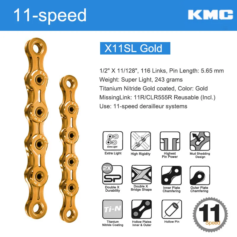 X11SL Gold N 2Links KMC велосипед 11 скоростной цепи W/оригинальные MissingLinks разъемы X11 серии X мост опционально серебряные золотые полые пластины/Pin - Цвет: X11SL Gold N 2Links