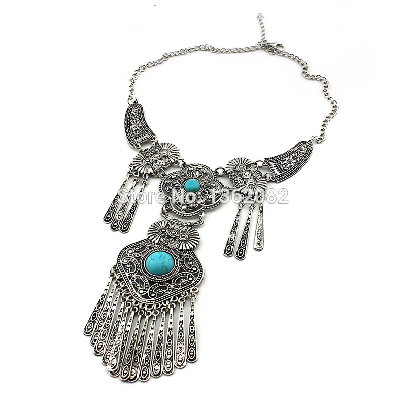 SENHUA Long Necklace for Women's Antique Silver Plated Tassels Statement Necklaces Natural Stone Pendant Sweater Chain MN612 | Украшения