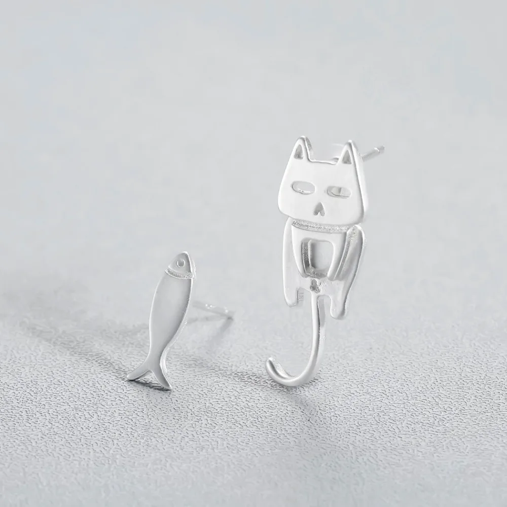 Женские асимметричные серьги QIAMNI с животными из мультфильма Happy Cat Eat Fish украшение