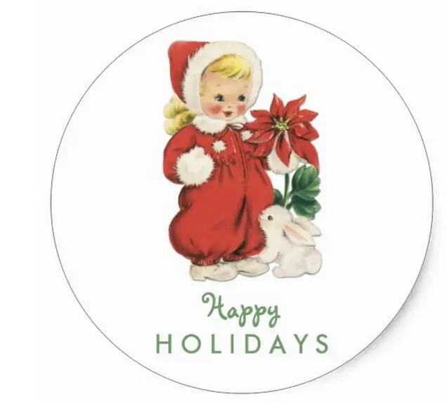 

1.5inch Retro Christmas Cute Blonde Girl Red Poinsettia Classic Round Sticker
