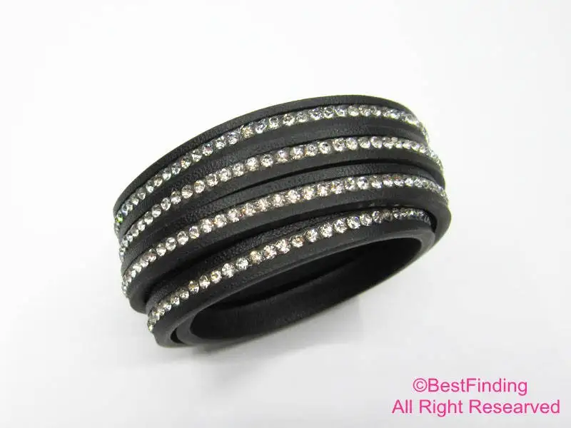 

6mm Flat leather black 6x3mm rhinestone leather cord