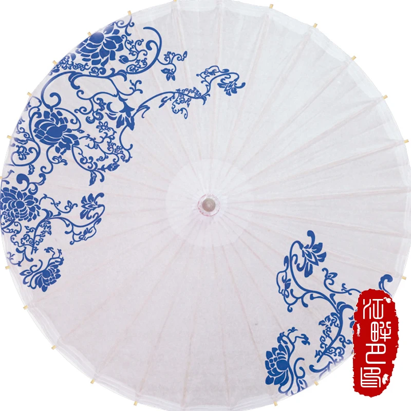 JPY Vintage Chinese Blue Paper Parasol Umbrella Decor Floral with Flowers Pattern | Дом и сад