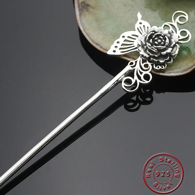 

Amxiu Handmade Hairwear Butterfly Peony Flower Hair Sticks 925 Sterling Silver Hairpins Vintage Antique