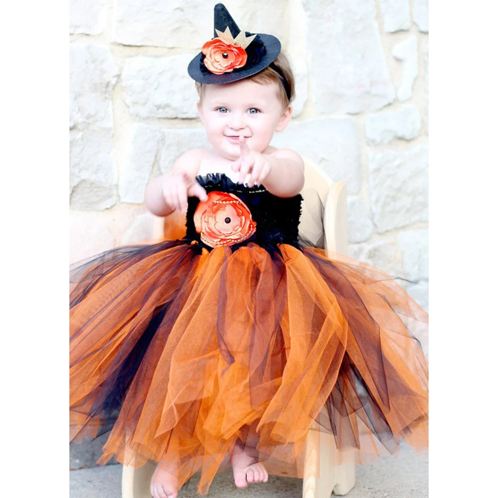 Halloween Thanksgiving Witch Tutu Dress Costume with Hat Orange Black Pumpkin Evil Sorceress Cosplay Clothes For Photos |