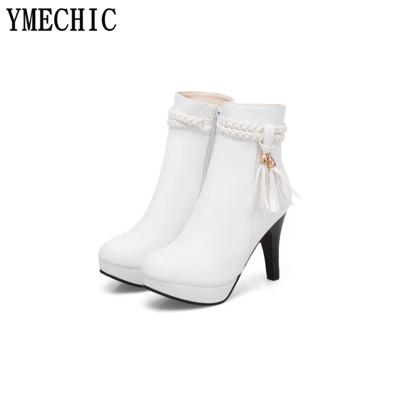 YMECHIC/; женские модные ботильоны; цвет белый, желтый; вечерние туфли на высоком каблуке; Свадебная обувь; сезон осень; короткие ботинки на платформе с бахромой