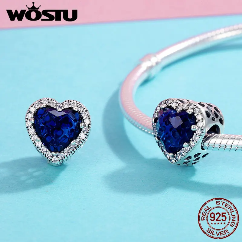 WOSTU новый 925 пробы Серебряный ослепительный сияющий в форме голубого сердца Шарм