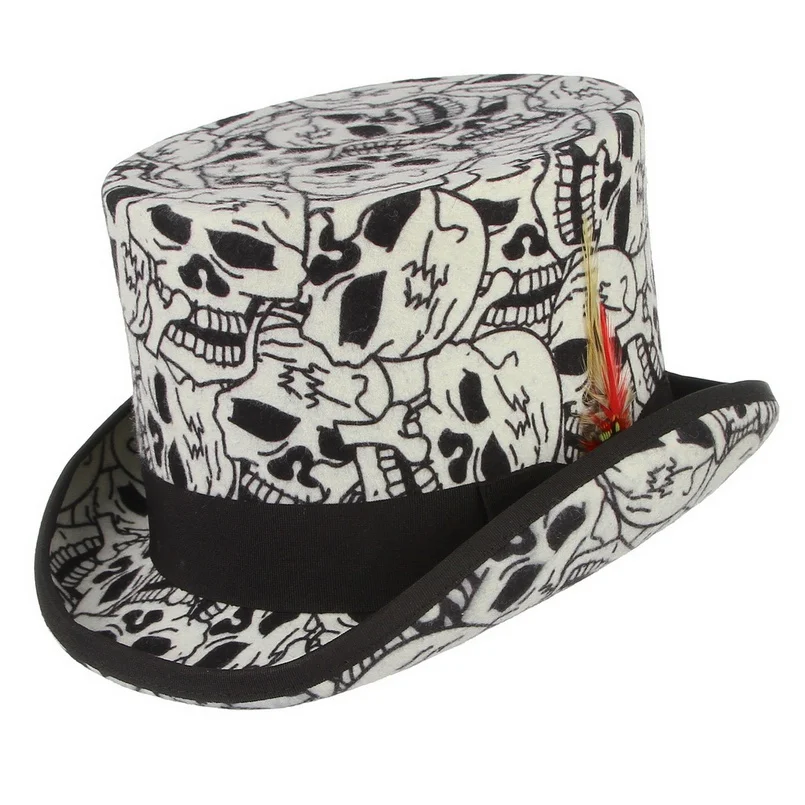 Skull Gemvie шерстяной фетр из белого топа и шерсть шляпа костюм безумного Шляпника аксессуар ручной работы шляпа-цилиндр для Для женщин Для мужчин вечерние Fedora - Цвет: Skull