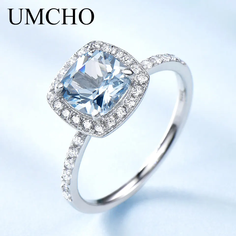 UMCHO Aquamarine Blue topaz Gemstone Engagement Ring Genuine 925 Sterling Silver Rings for Women Wedding  Promise Fine Jewelry