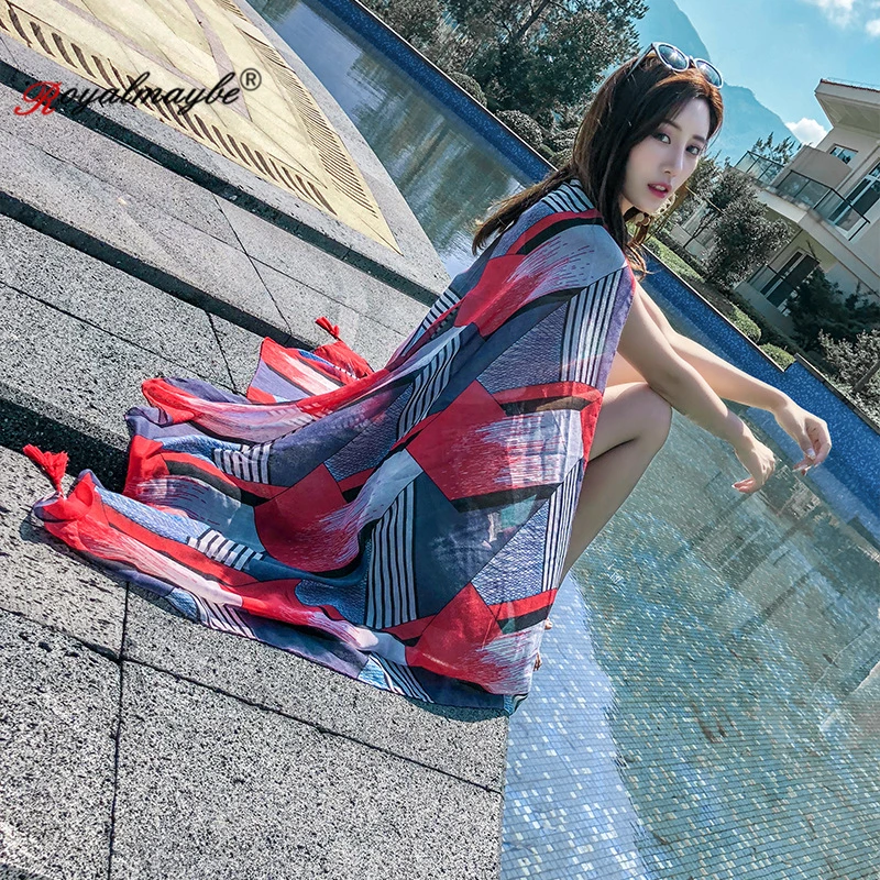 Royalmaybe cotton shawls and wraps sunmmer Sunscreen Beach travel silk scarf for women big headband long pashmina Square scarves |