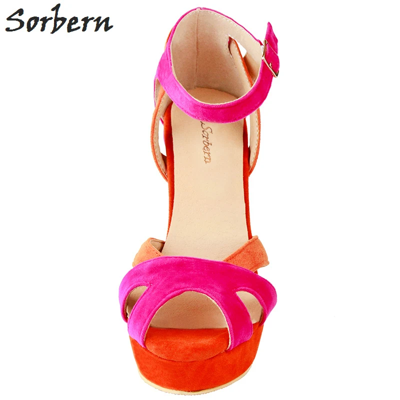 

Sorbern Women Sandals Shoes Square Heels Buckle Strap Plus Size 34-47 Flock Platform Shoes 2018 Ladies Party Shoes