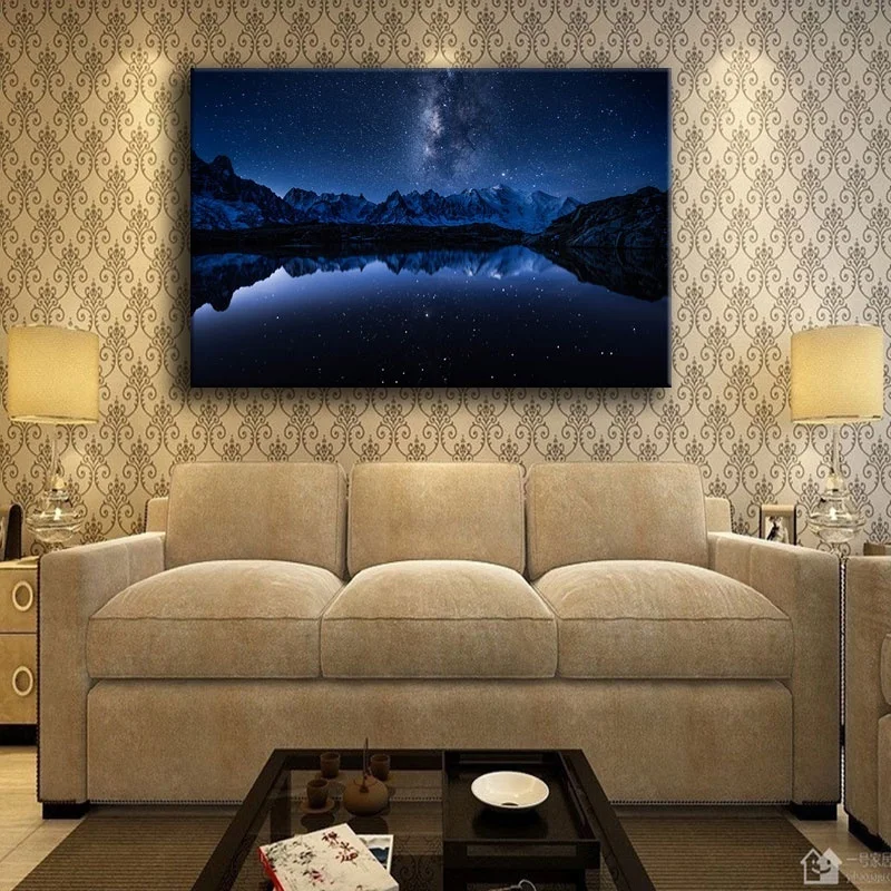 Aurora Night View Milky Way Mountains Lake Painting 1 Panel Landscape Picture On Canvas Print And The Wall Decorative Artwork | Дом и сад