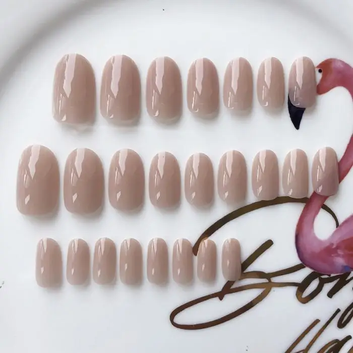 24pcs Nude Color Fake Nail For Women Wearable Medium Length Round Head Full Cover Tips Fingernail False Nails Tips With Glue