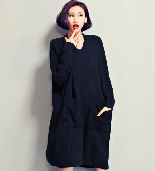 Navy Blue Harajuku, свитер размера плюс, больше размера d, женский,, зимний свитер, платье, свободный, сплошной, с карманами, Pull Femme, вязанный, v-образный вырез, длинный пуловер - Цвет: Navy Blue