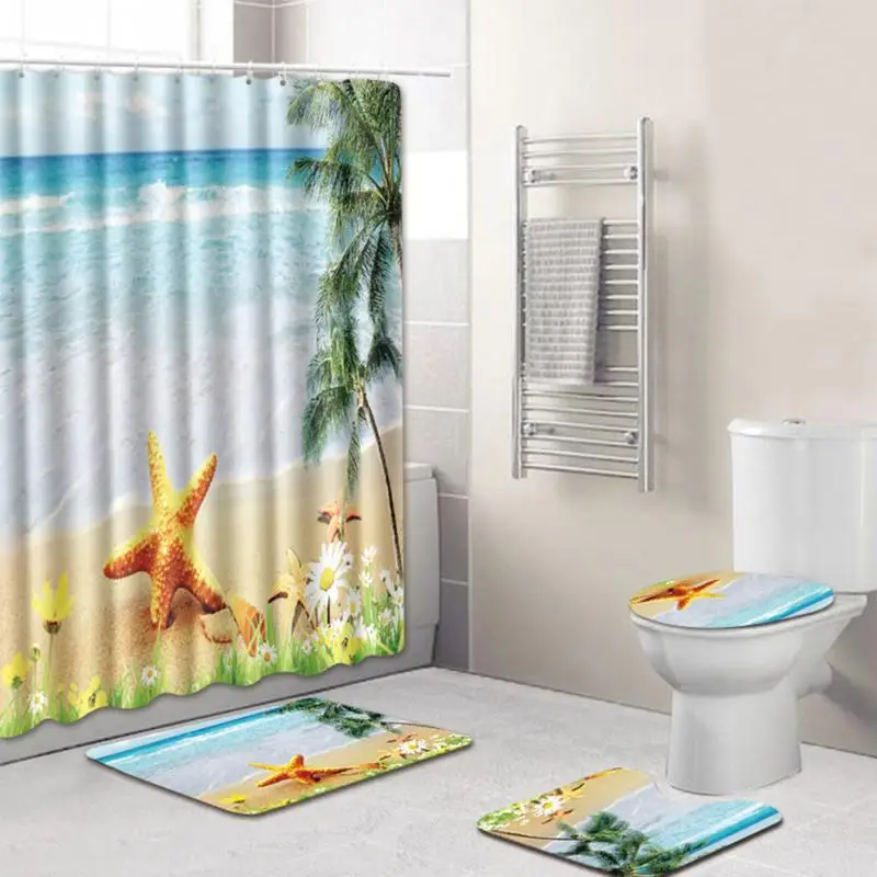 

8 Types 4Pcs Set Bathroom Non-Slip Pedestal Rug + Lid Toilet Cover + Bath Mat+Shower curtain