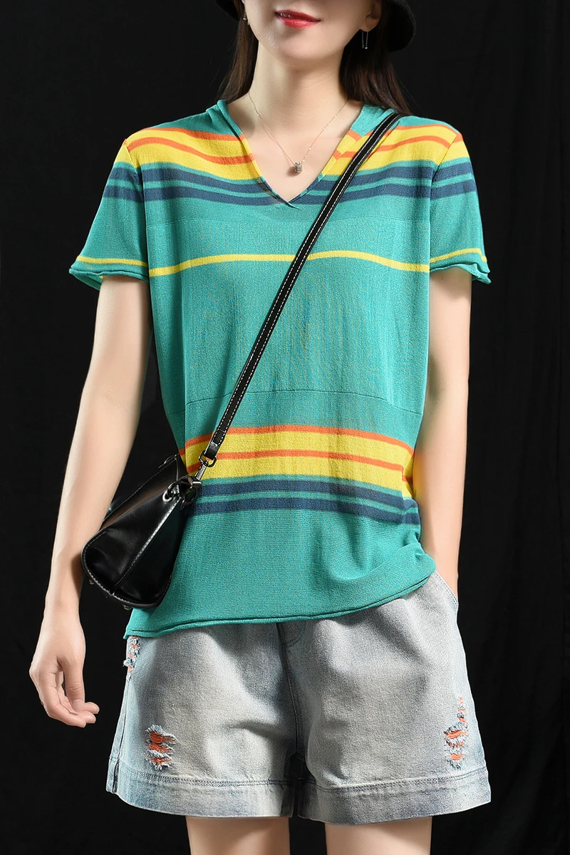 Summer T-shirt Retro Women Loose Knitting Pullovers New Tops V-Neck Short Sleeve Striped Mori girl Vintage Casual 2019 | Женская одежда