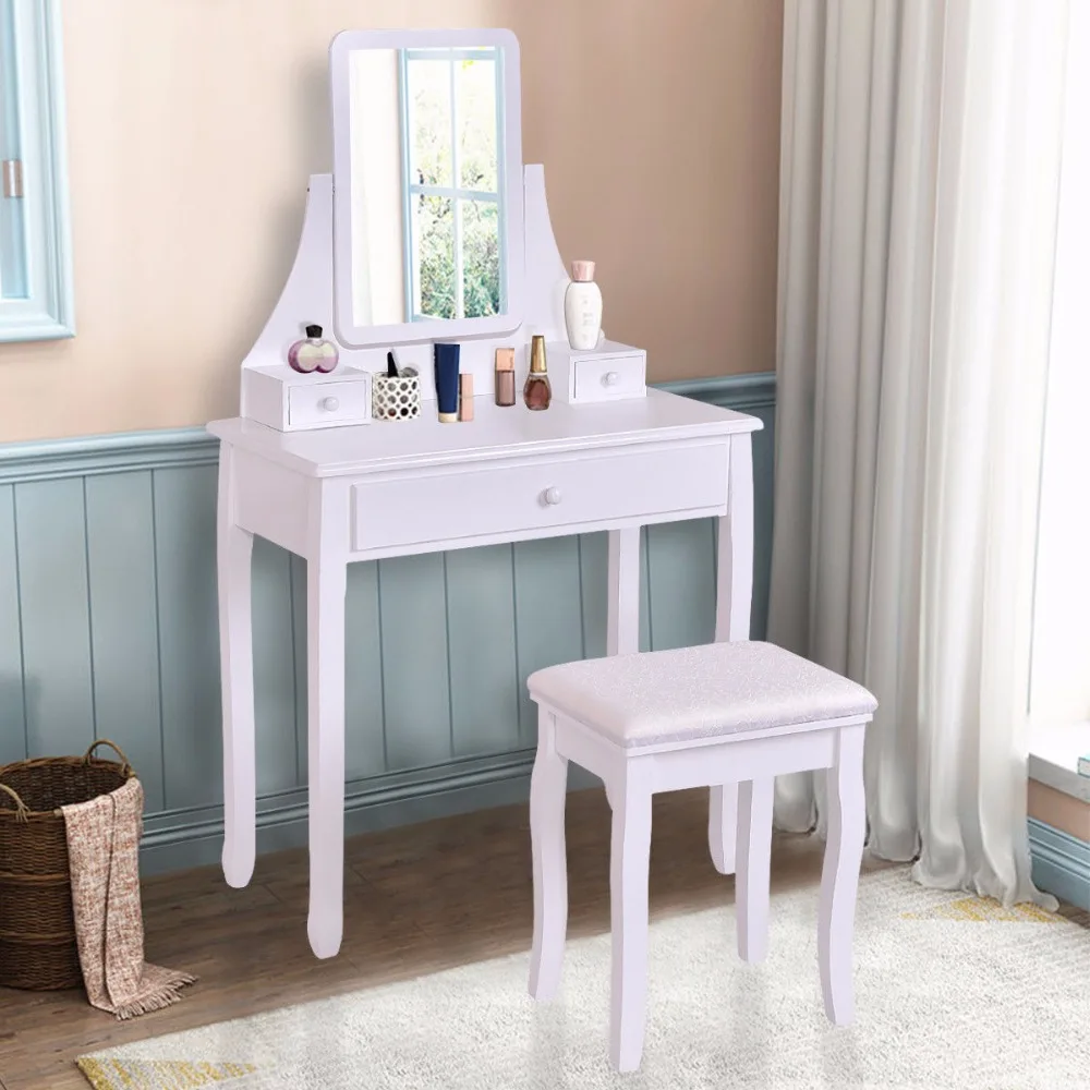 

Goplus White Makeup Dressing Table Vanity Desk and Stool Set with Square Mirror and 3 Drawers Dresser Vanity Table HW55561BK