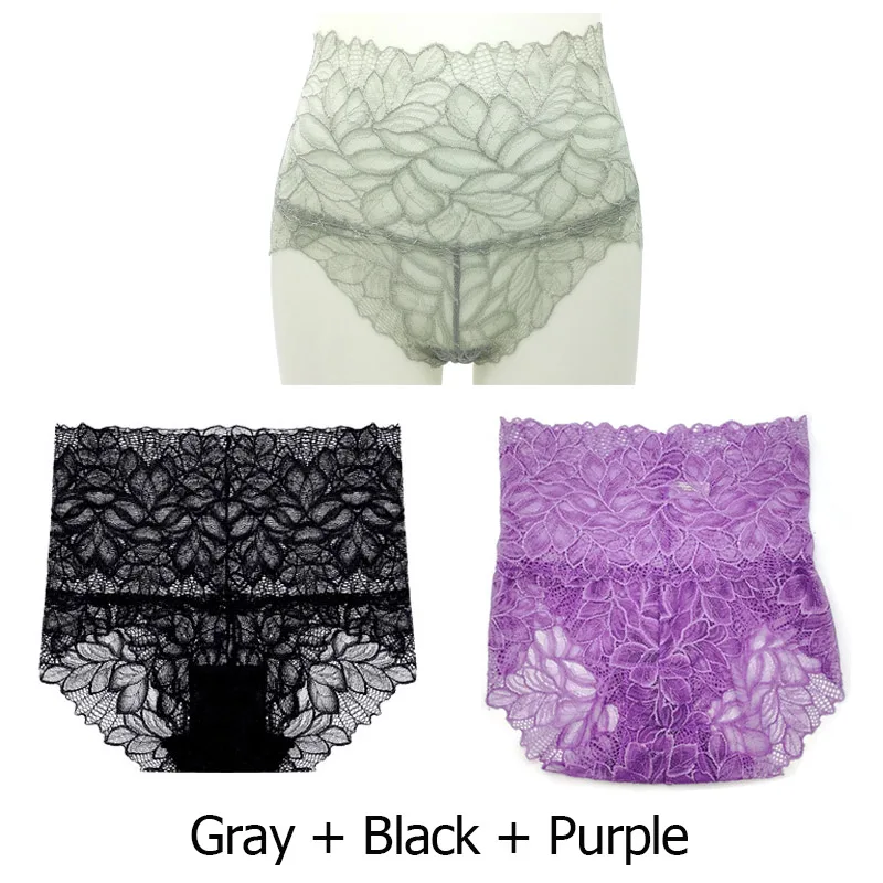 gray black purple 3 шт./партия, женские трусики, сексуальное нижнее белье, дышащие, с высокой талией, трусики для женщин, хлопок, промежность, женские кружевные трусики - Цвет: gray black purple