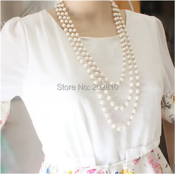 Fashion Four seasons wear 3 Layer column pearls sweater joker necklace for girls gold-colr Good quality