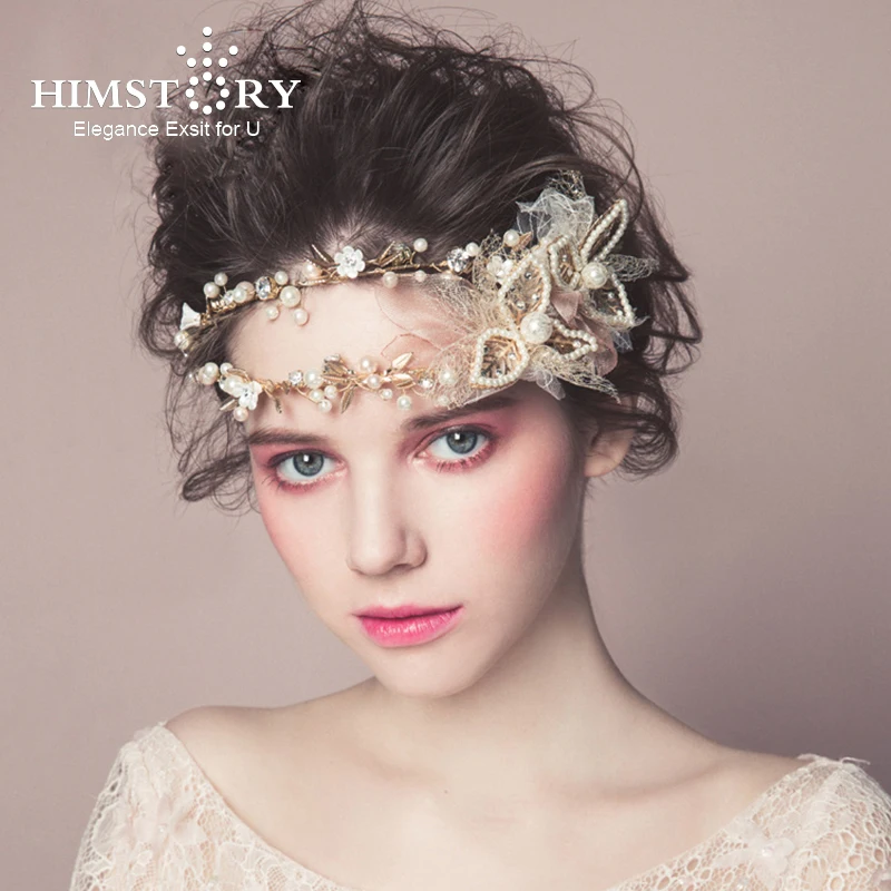 

Himstory Baroque Gold Clover Leaf Hair Crown Wedding Prom Tiara Headband Pearls Bridal Hair Piece Accessories Hairband