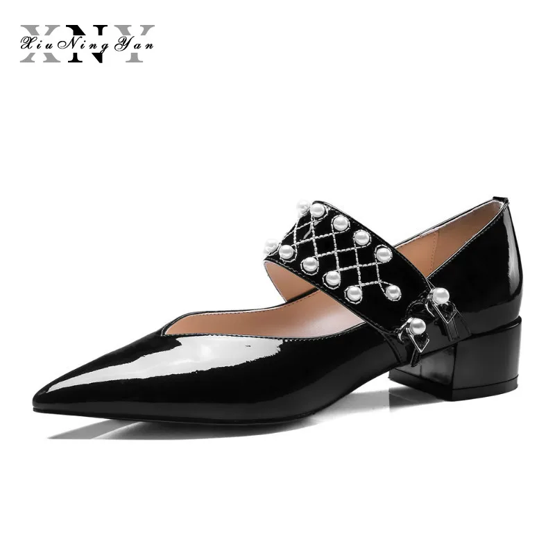 XIUNINGYAN Brand Women Pumps 2019 Brand Pearl Genuine Leather Pointed Toe Fashion Party Wedding Shoes Mary Janes Shoes Woman