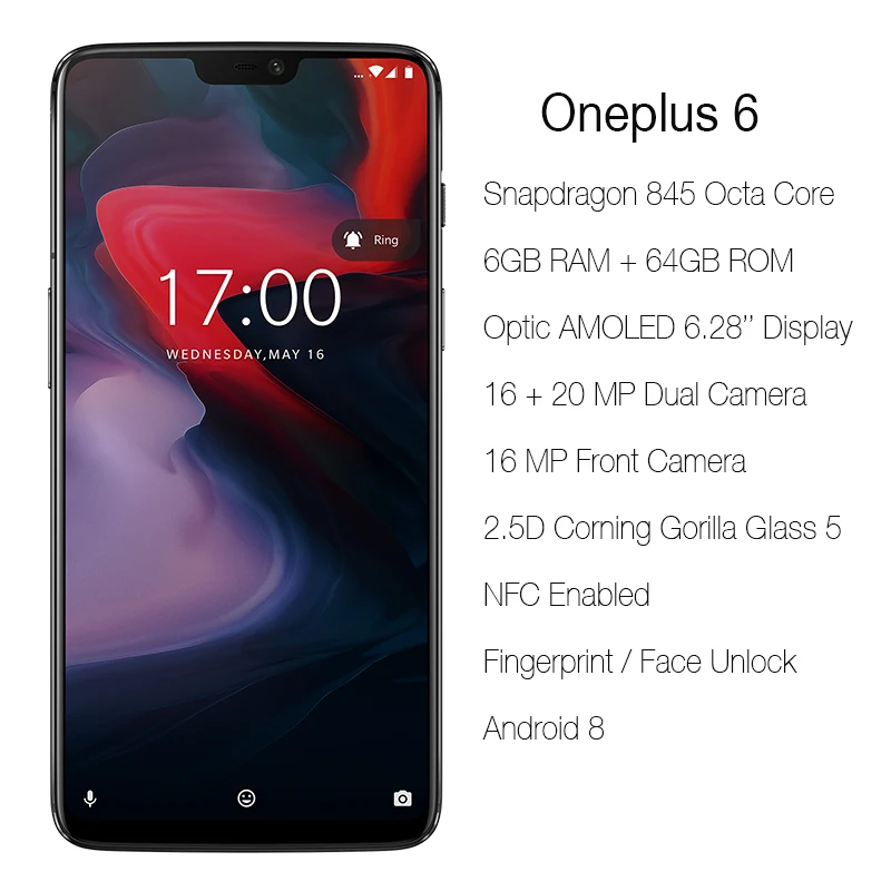 OnePlus 6 6 GB 64 GB Snapdragon 845 Octa Core 6,28 ''Full AI двойная камера 20 Мп+ 16 МП распознавание лица разблокировка Android 8 смартфон