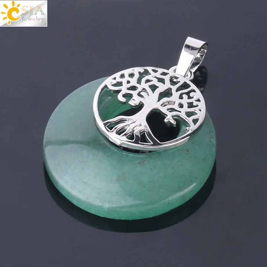 Green Aventurine CSJA натуральный камень подвеска "Древо жизни" кулон круглый полый пончик рейки подвески из серебра ожерелье для женщин мужчин ювелирные изделия F951 - Окраска металла: Green Aventurine