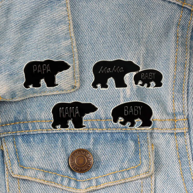 Мультяшная брошь с животными в виде черного медведя мамы и ребенка папы женская