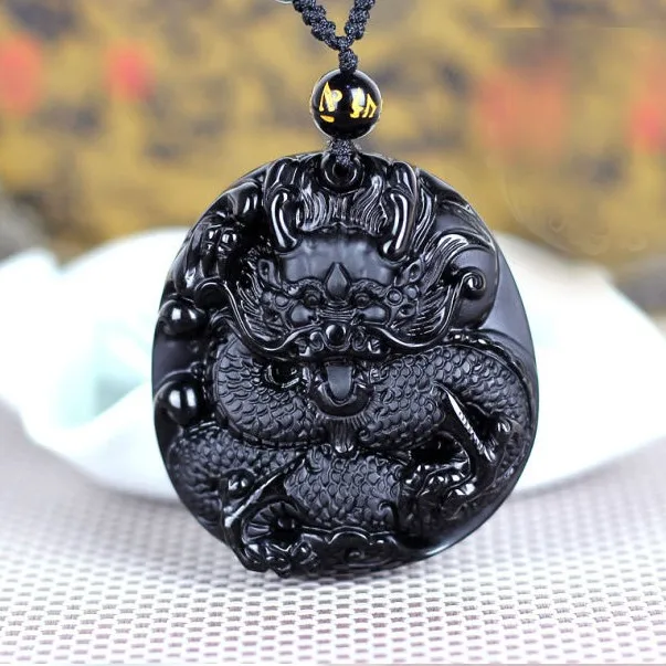 Великий 42x52 мм китайский ручной работы черный обсидиановый резной дракон амулет счастливый Восточный Дракон кулон ожерелье