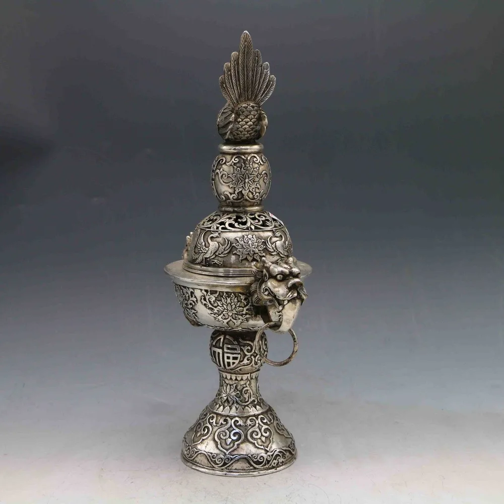 

Chinese collection Hand-Carved white copper two Dragon Peacock Lid Incense Burner