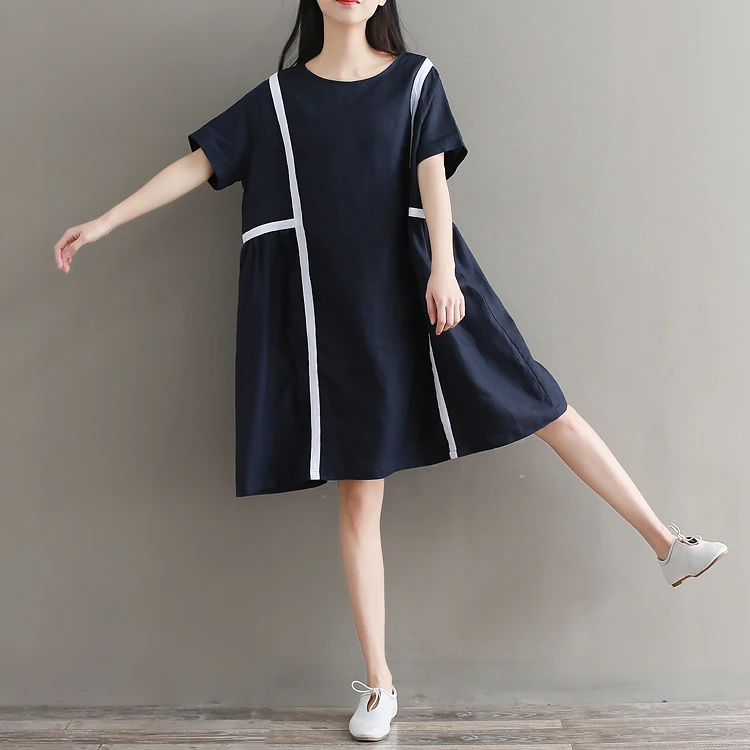 Высокое качество с коротким рукавом nevy синий льняное платье для женщин | Женская