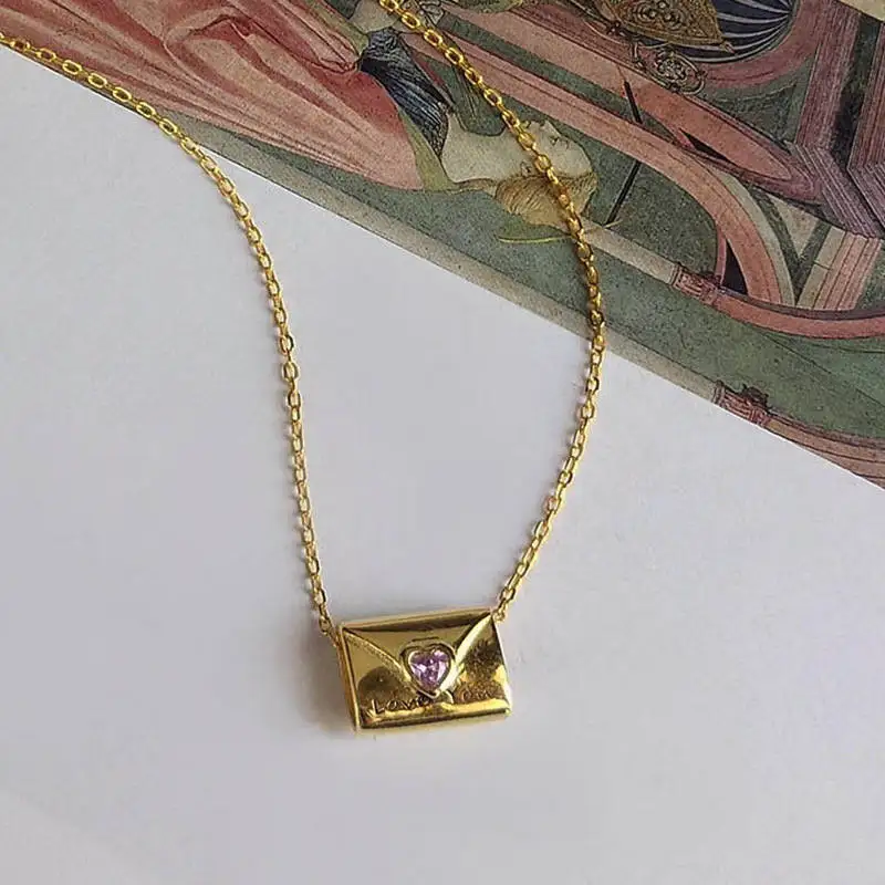 

PONYKISS Romantic S925 Sterling Silver Golden Envelope Purple Zircon Pendant Necklace Valentine's Day Delicate Accessory Gift