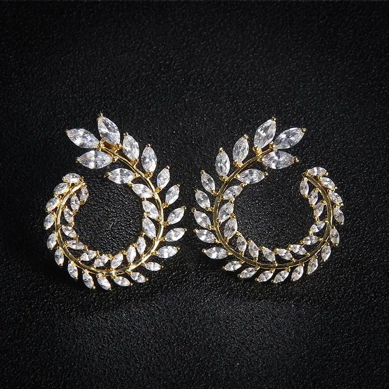 Earrings YellowGold LXOEN Роскошные AAA циркон Оливковая ветвь кулон набор для женщин Мода белый розовое золото цвет Свадебные Ювелирные наборы Вечерние - Окраска металла: Earrings YellowGold