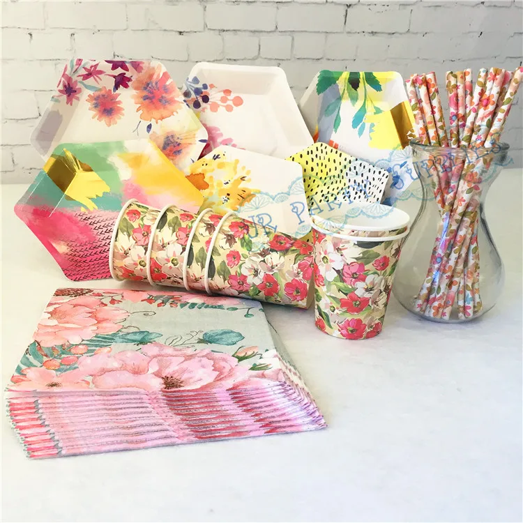 72 набора бумажных тарелок с Тропическими Цветами яркие цветочные чашки вечерние