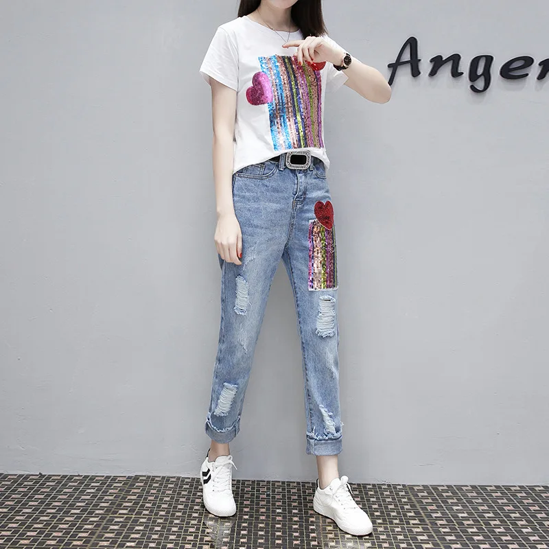 2019 summer fashion new sequin print short-sleeved T-shirt + hole jeans two-piece suit student leisure | Женская одежда