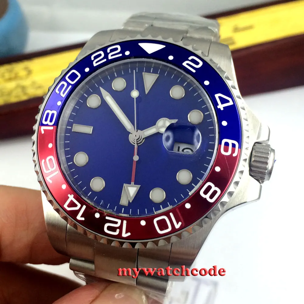 

43mm bliger blue sterile dial GMT Ceramic Bezel date window sapphire glass automatic mens watch P323